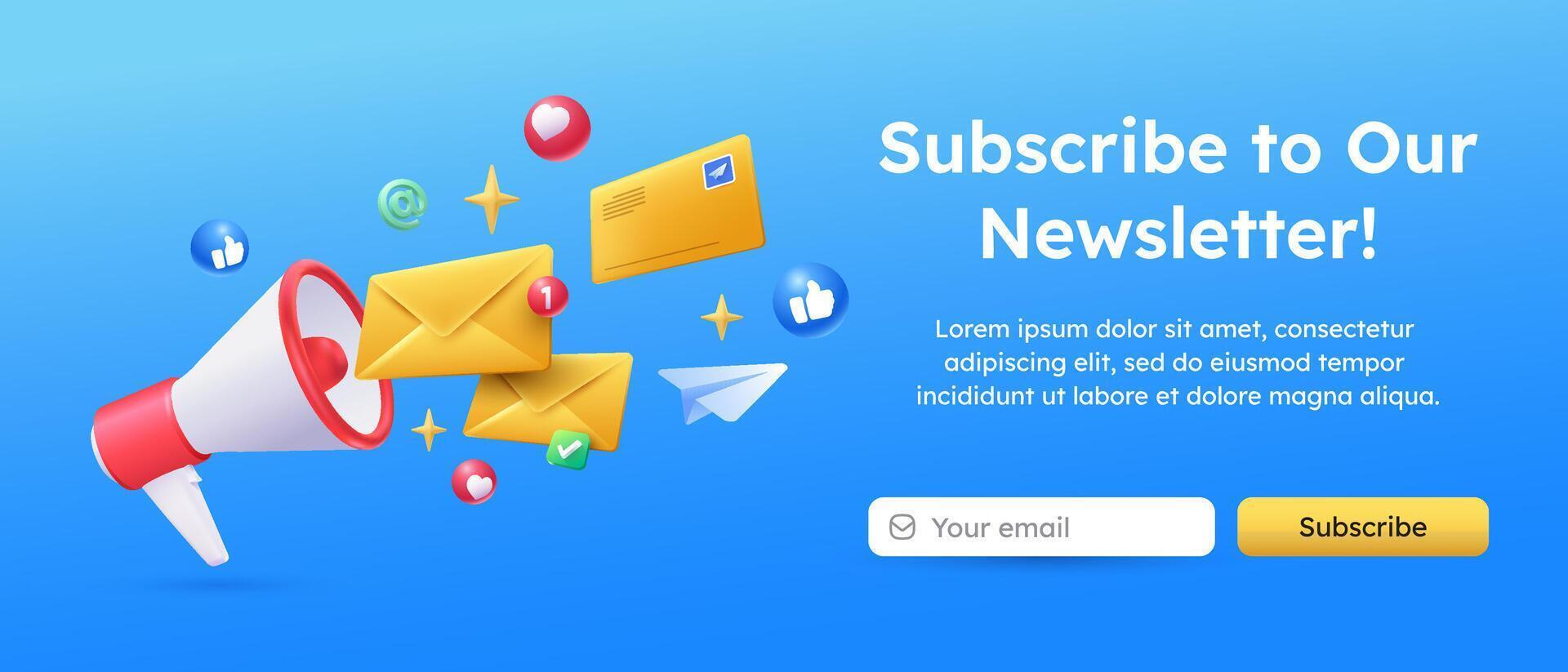 3d mail envelope and megaphone Subscribe to newsletter banner vector