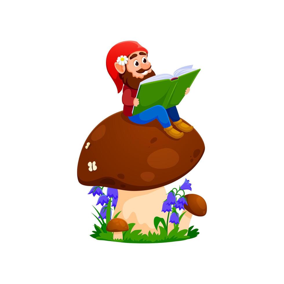 Cartoon gnome or dwarf character reading book vector