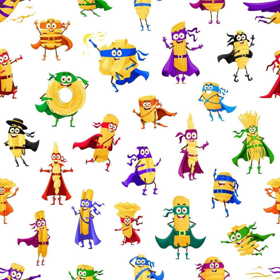 Cartoon pasta superhero character seamless pattern vector