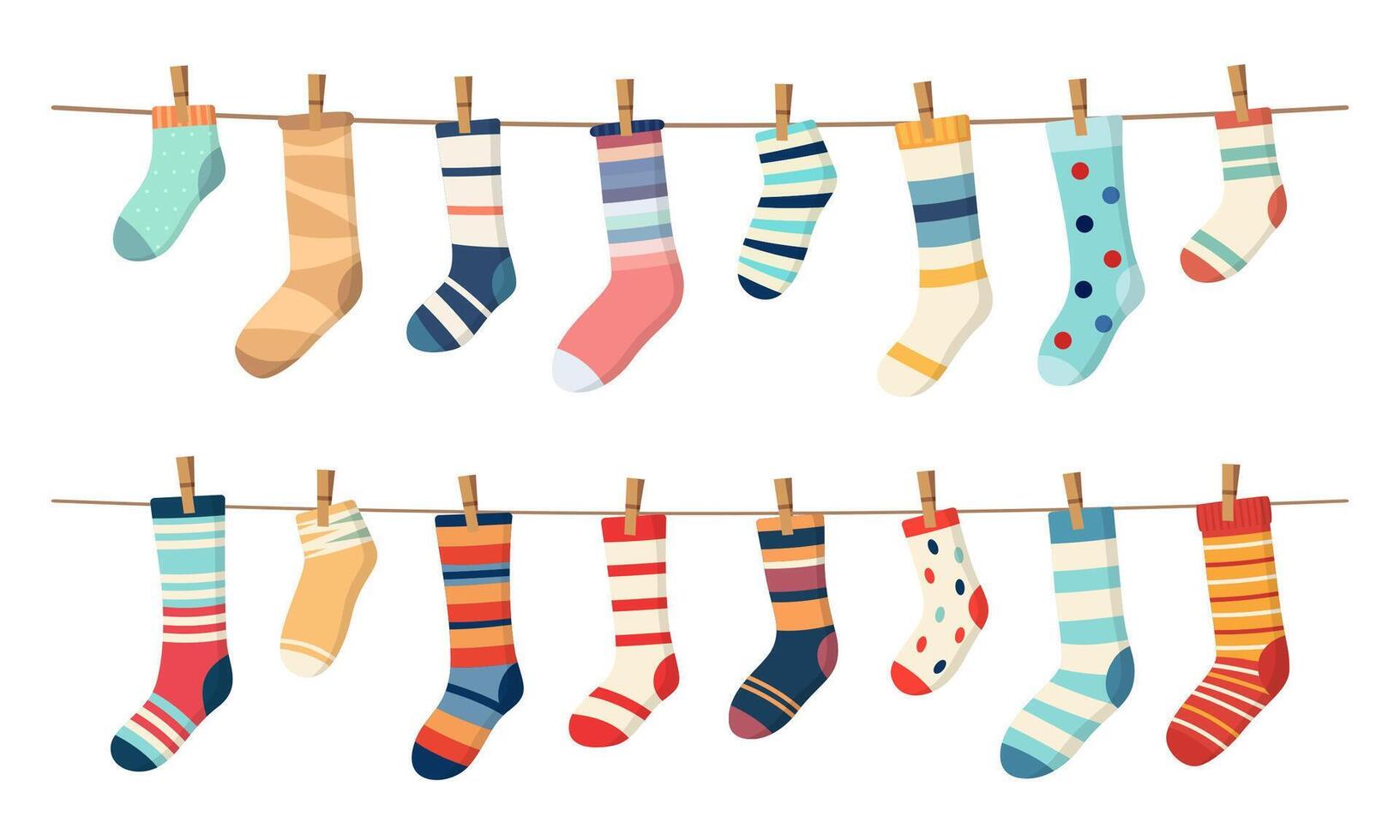 Socks on clothesline, cotton or wool socks on rope vector