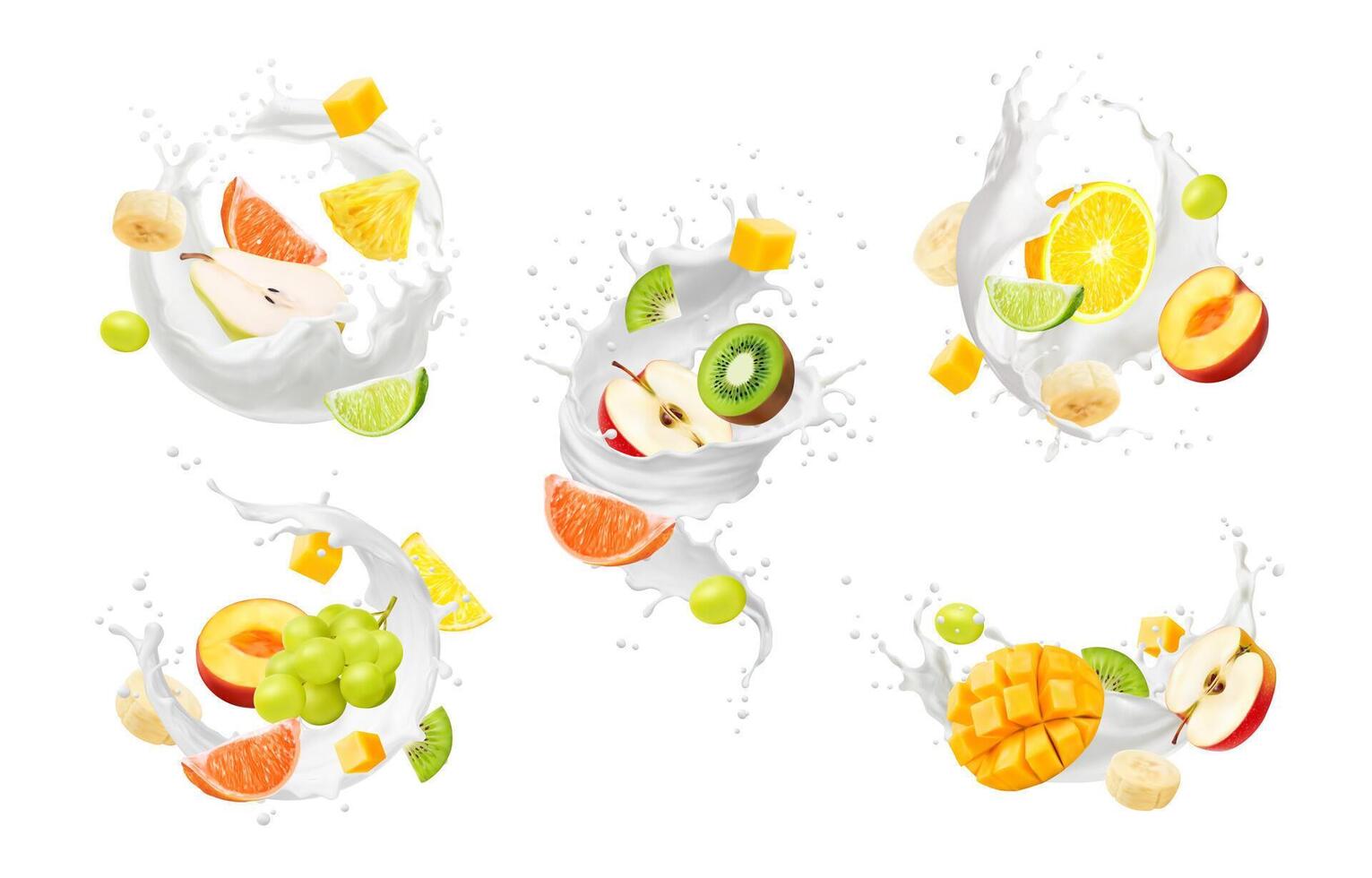 Realistic yogurt drink splash, milk swirl, fruits vector