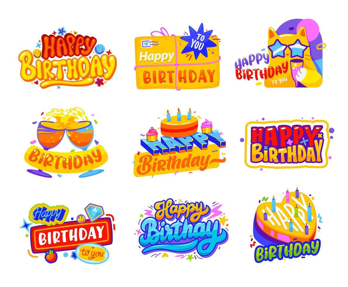 Happy birthday badge and greetings stickers vector