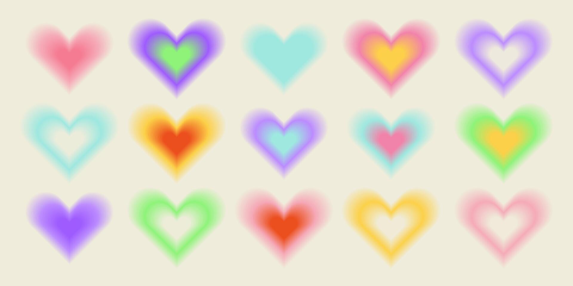 Y2k aesthetic blurred gradient aura hearts. Trendy set of modern blurry figures in brutalism style. Romantic transparent heart elements for social media background, posters, ads vector