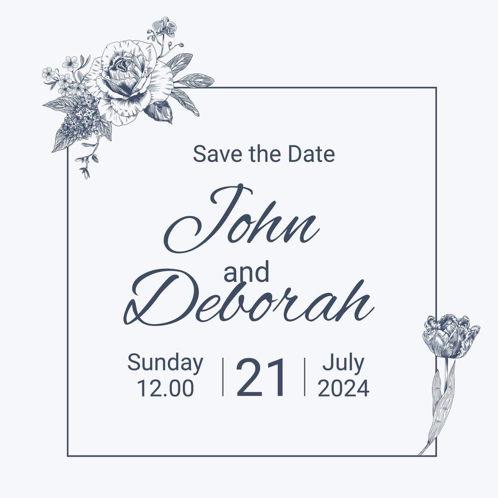 Botanical blue wedding frame or wreath on white background. Hand drawn floral, flower, leaf branch in toile de jouy style. Line art for wedding, monogram, invitation, greeting, logo, birthday cards vector