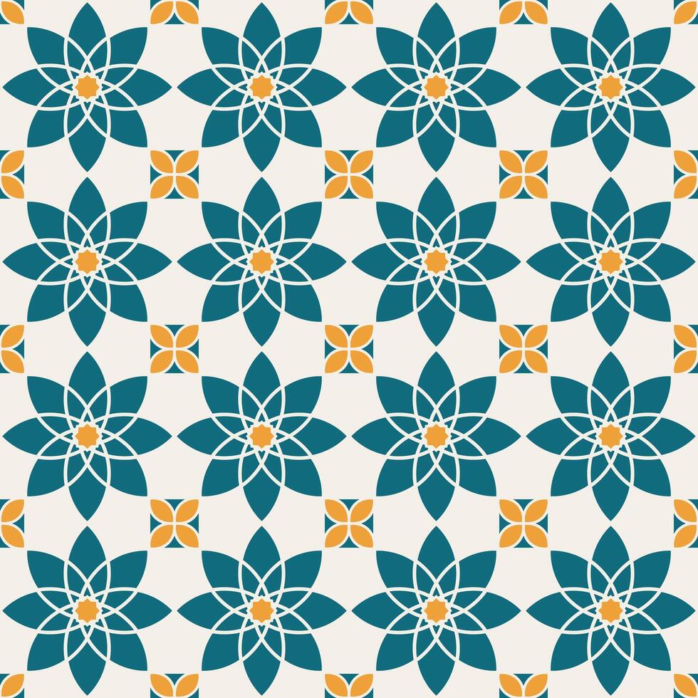 Arábica geométrico mosaico imprimible sin costura modelo con resumen marroquí impresión en azul y naranja colores. Ramadán kareem tradicional islámico Arte ilustración antecedentes vector