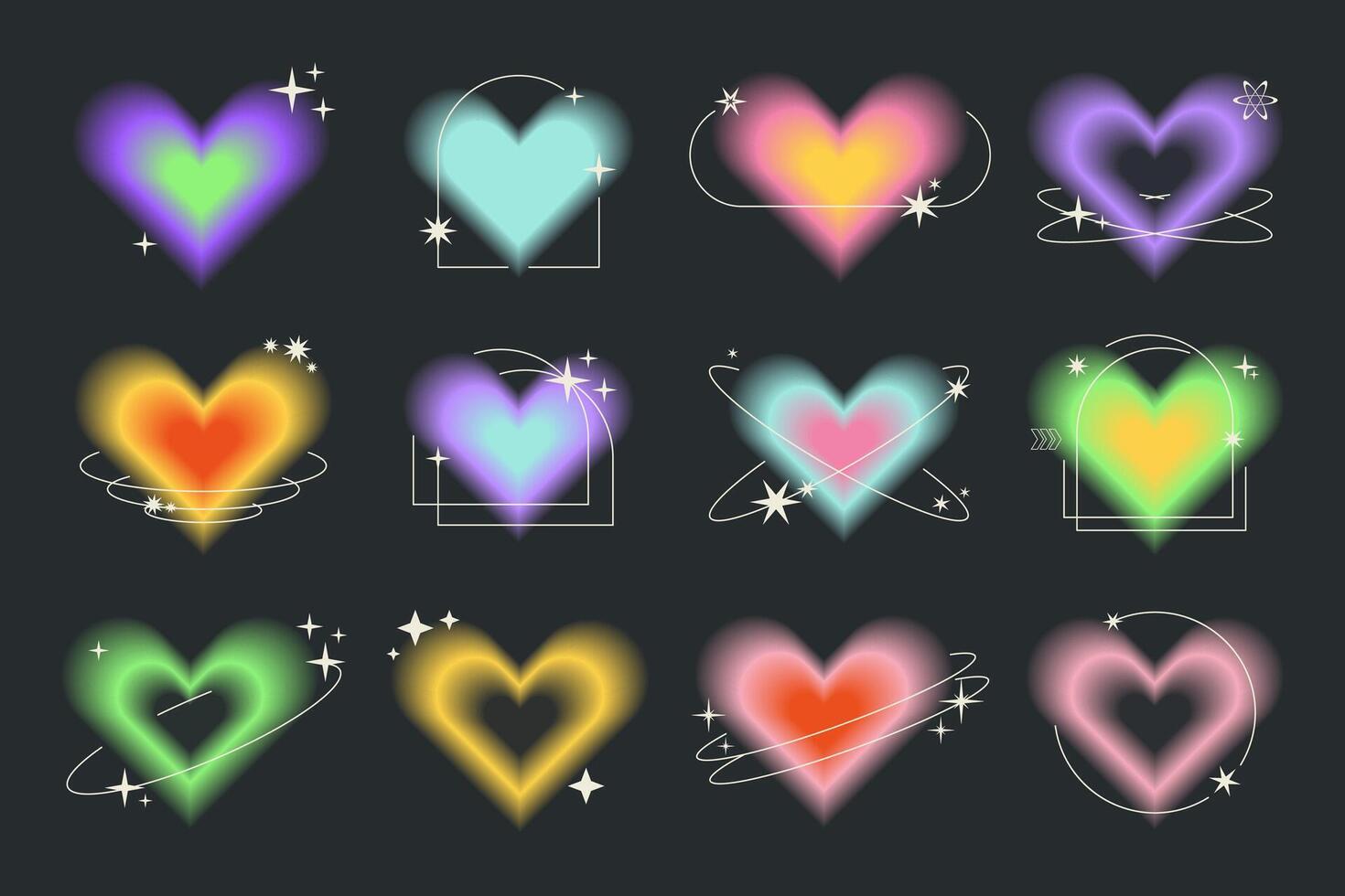 Y2k aesthetic blurred gradient aura hearts with linear circles, stars. Trendy set of modern blurry figures in brutalism style. Romantic transparent heart elements for social media background vector