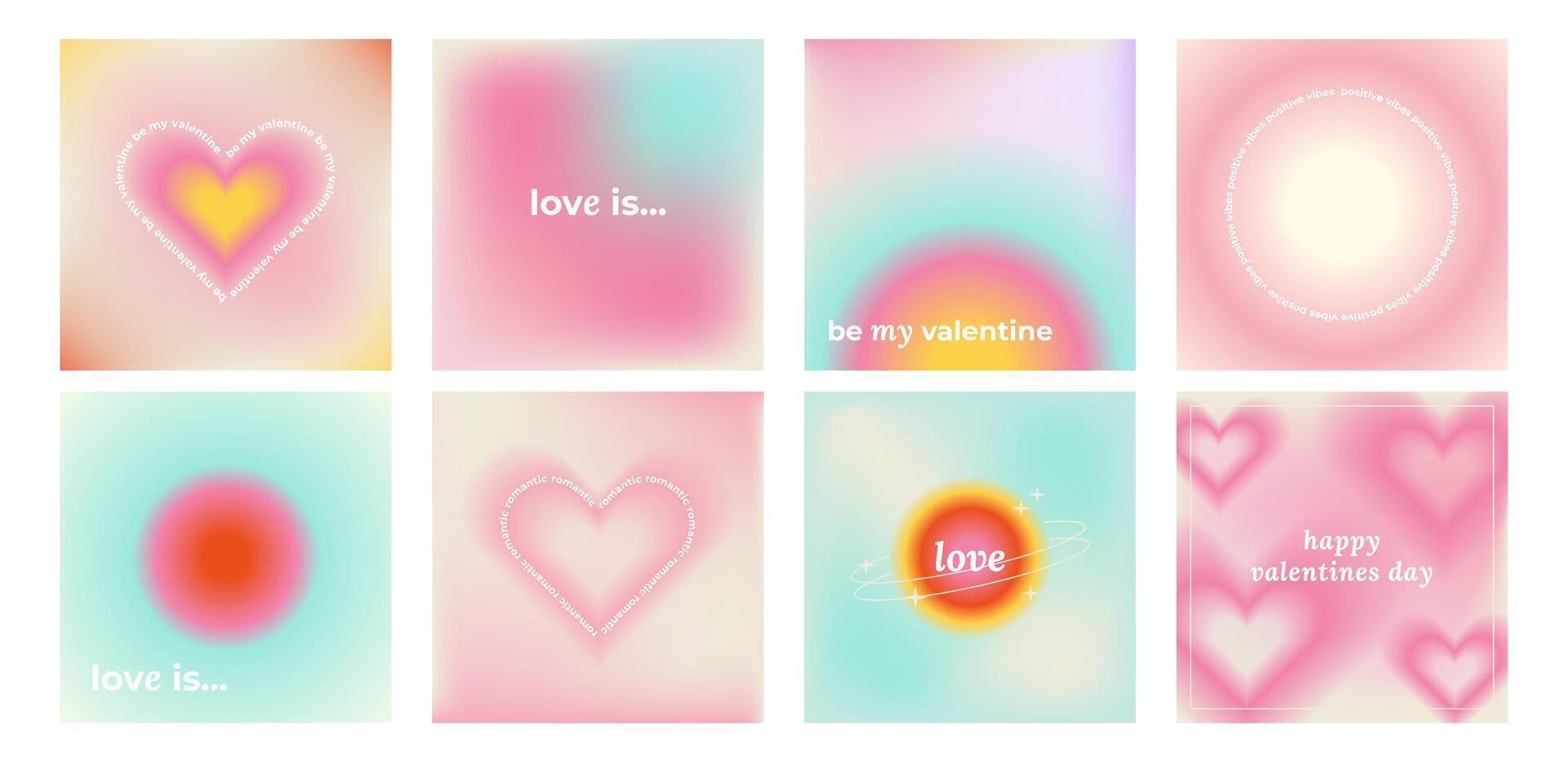 Set of Y2k Trendy Aesthetic abstract gradient pink violet background with translucent aura irregular shapes blurred pattern. Social media valentines day poster, stories highlight templates vector