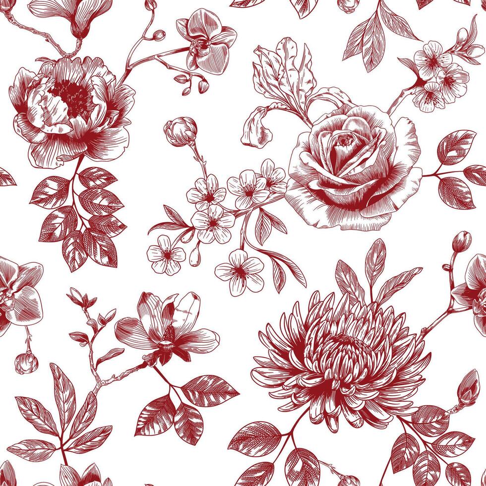 Abstract modern floral seamless pattern with hand drawn flower in Toile de jouy style. Retro elegance repeat print. Vintage design for fabric, wallpaper or wrapping vector