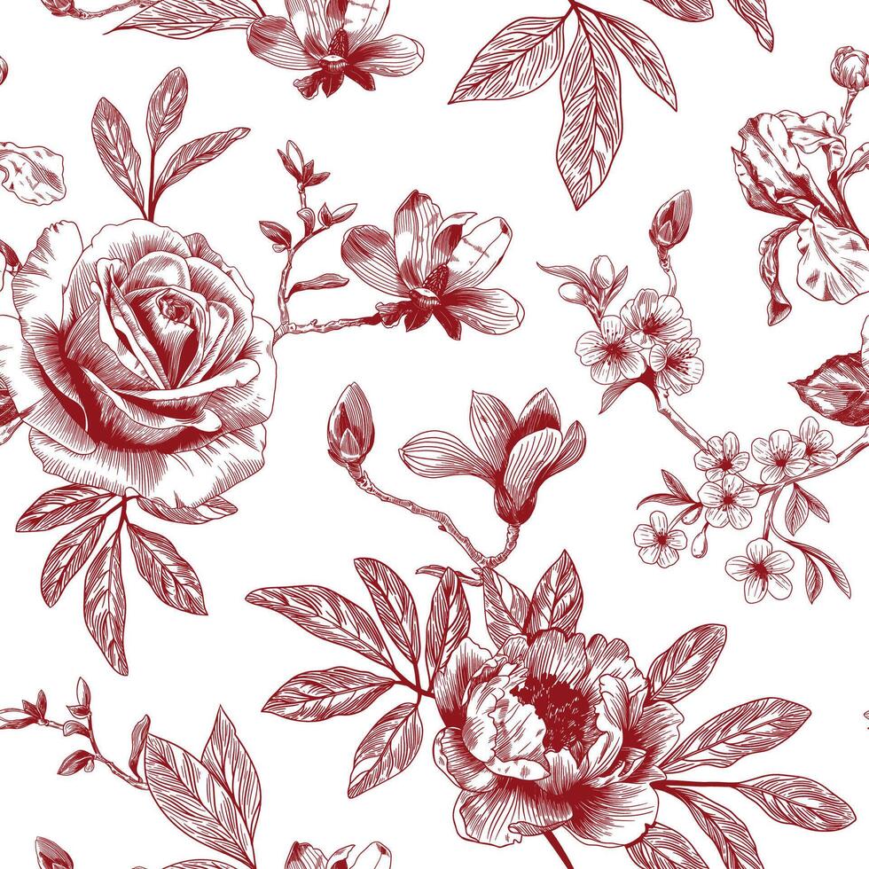 Abstract modern floral seamless pattern with hand drawn flower in Toile de jouy style. Retro elegance repeat print. Vintage design for fabric, wallpaper or wrapping vector