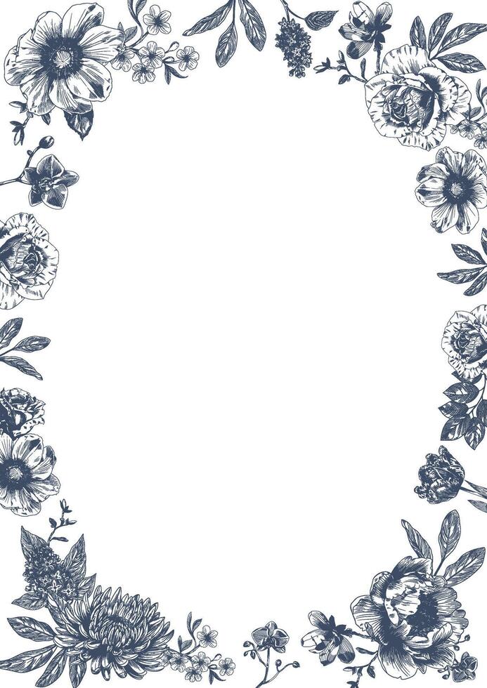 botánico azul Boda marco o guirnalda en blanco antecedentes. mano dibujado floral, flor, hoja rama en toile Delaware alegría estilo. línea Arte para boda, monograma, invitación, saludo, logo, cumpleaños tarjetas vector