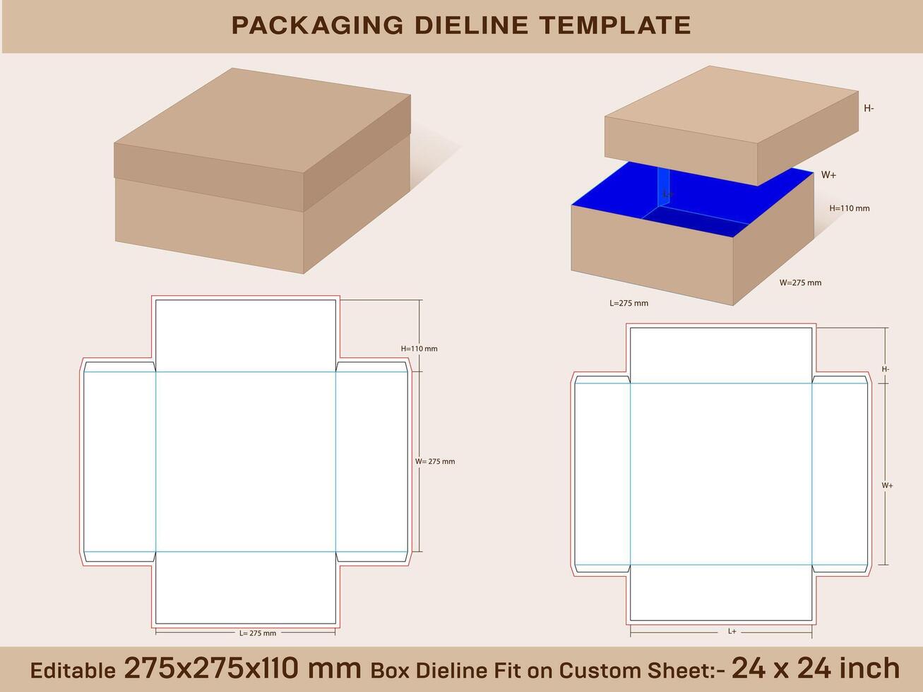 cuadrado caja 275 X 275 X 110 mm, tapa h 85 mm dieline modelo vector