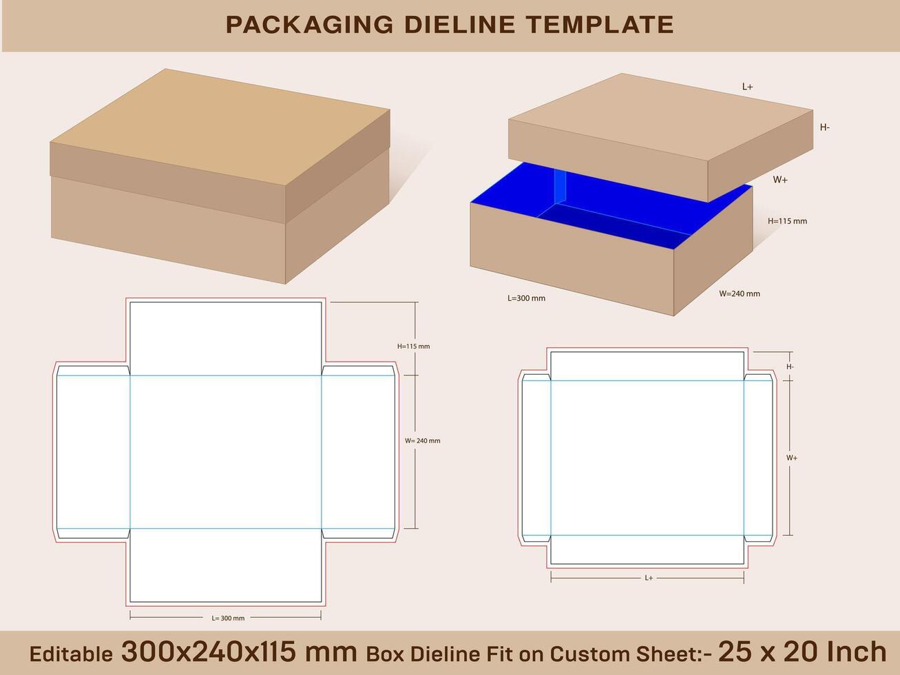 Rectangular Base Box 300x240x115mm, Lid H 45 mm Dieline Template vector