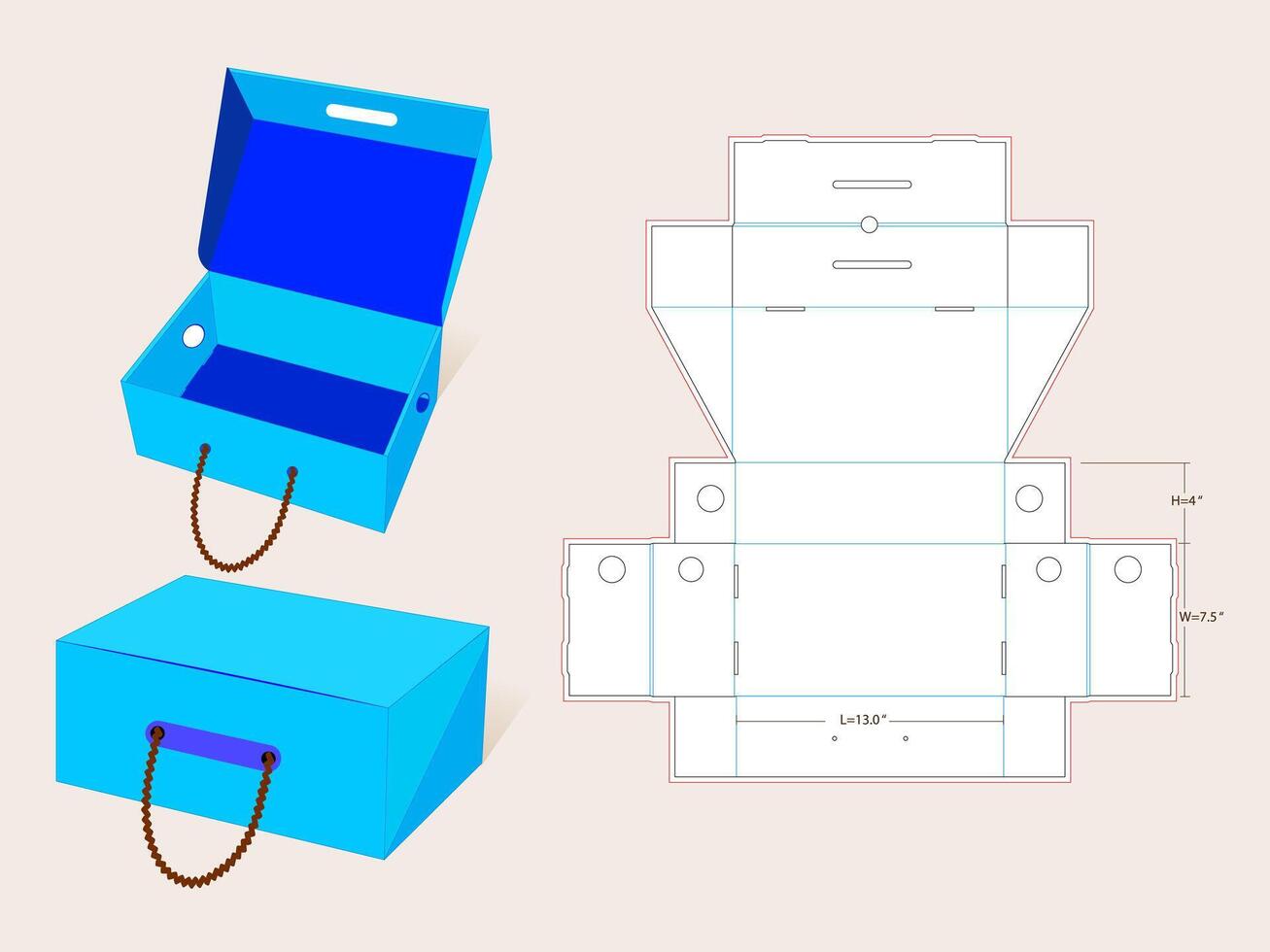 Rope Handle Shoe Box Dieline template of Medium size 13 x 7.5 x 4 Inch vector