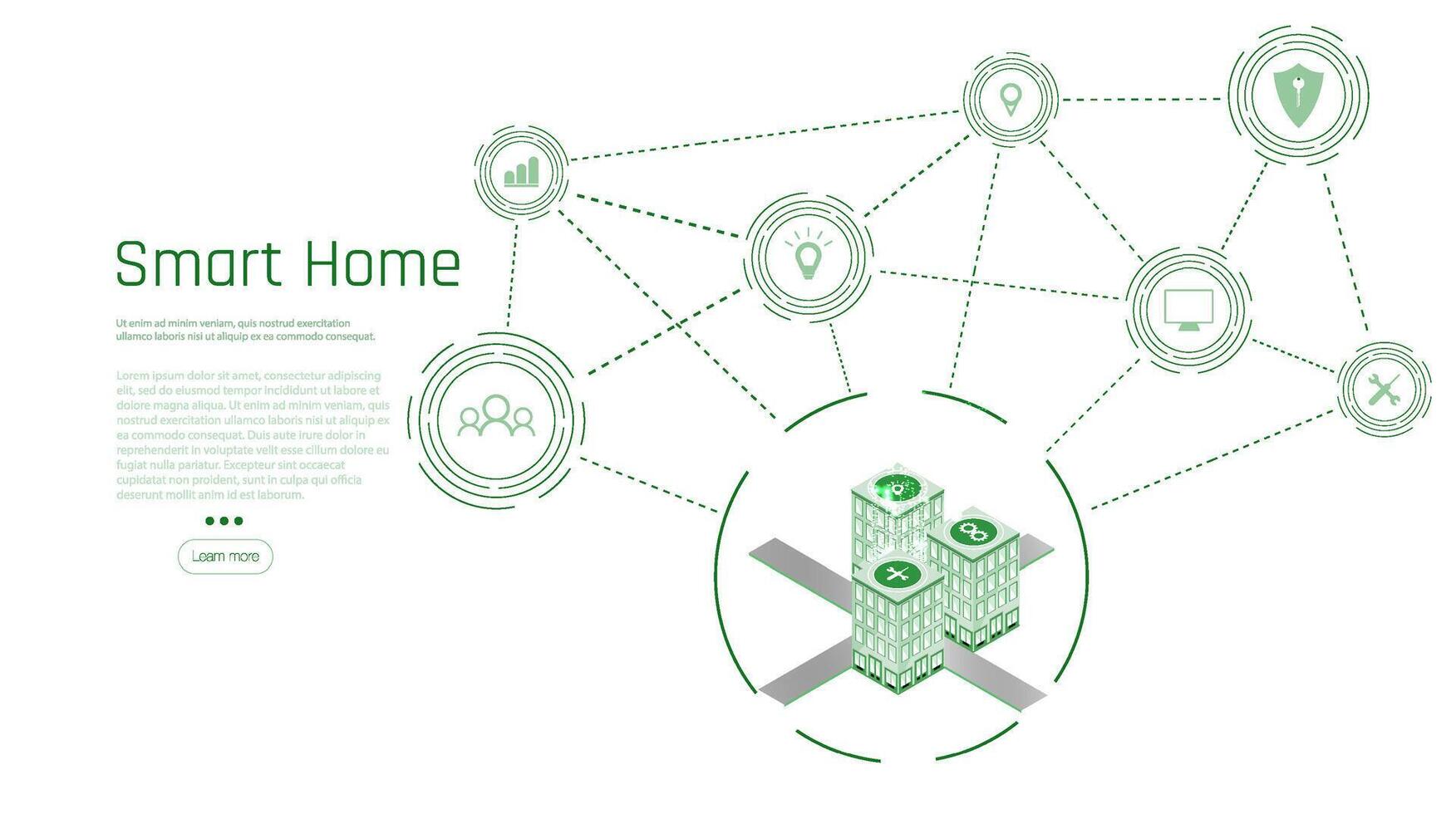 Banner of Smart Home technology. The building consists of numbers and is connected by icons of household smart devices. Intelligent home management system. vector