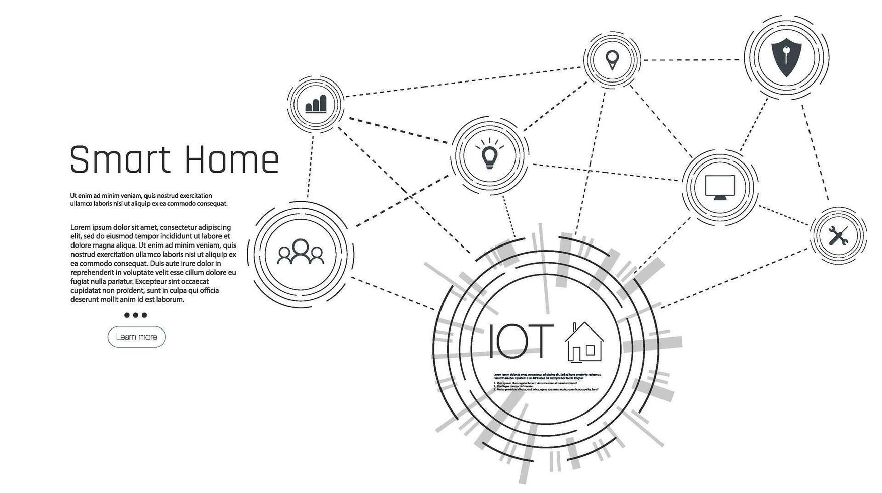 Banner of Smart Home technology. The building consists of numbers and is connected by icons of household smart devices. Intelligent home management system. vector