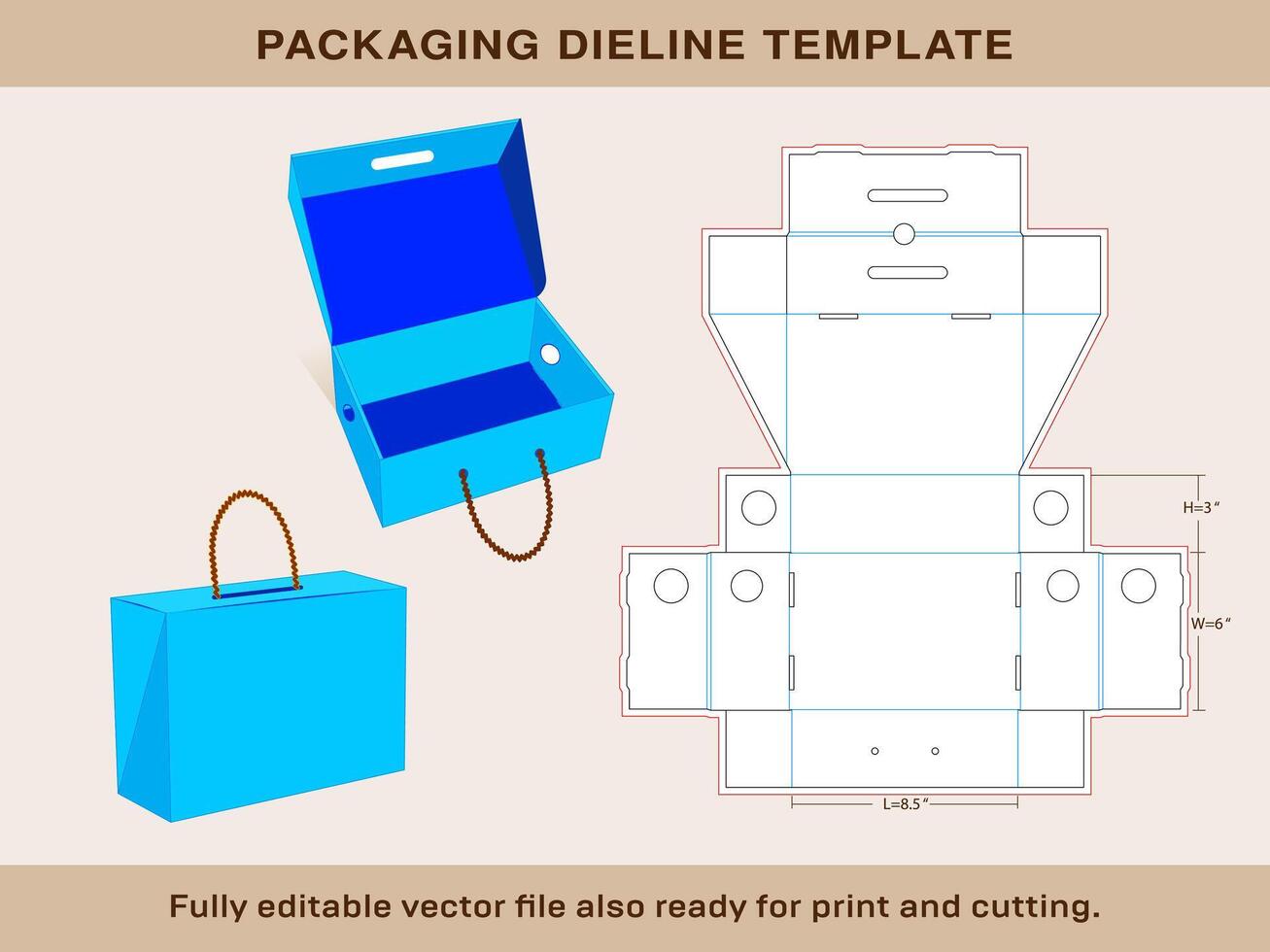 Rope Handle Shoe Box Dieline template of Mini size 8.5 x 6 x 3 Inches vector