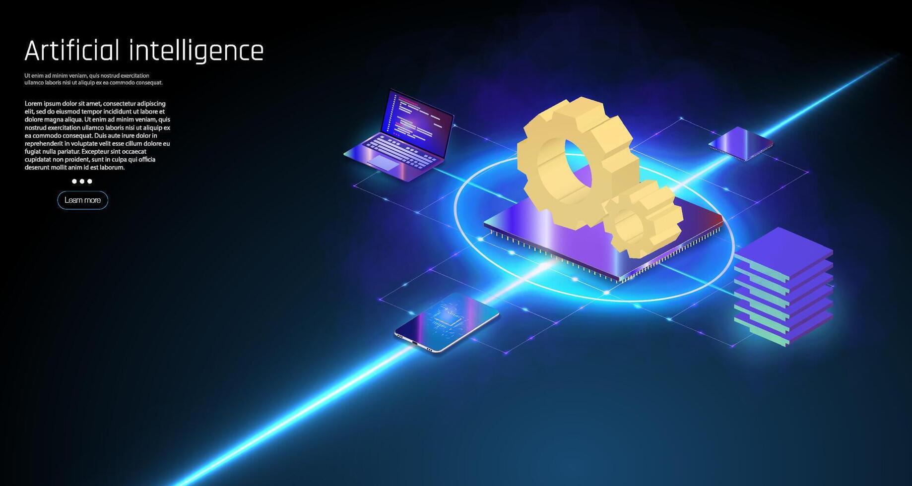 Central Computer Processors CPU concept. Motherboard digital chip. processor with lights on the blue background. Quantum computer, large data processing, vector