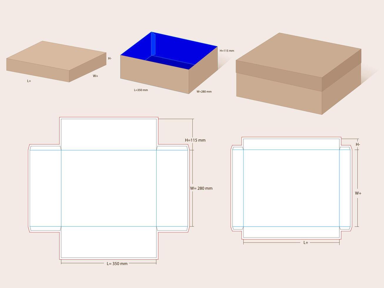 Largest Size Box 350x280x115 mm, Lid H 40mm Dieline Template vector