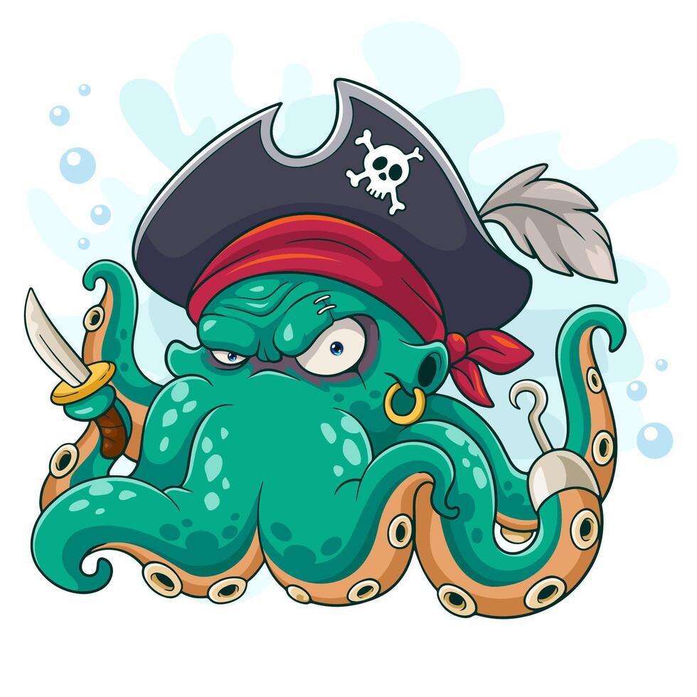 dibujos animados pulpo vistiendo un pirata sombrero vector