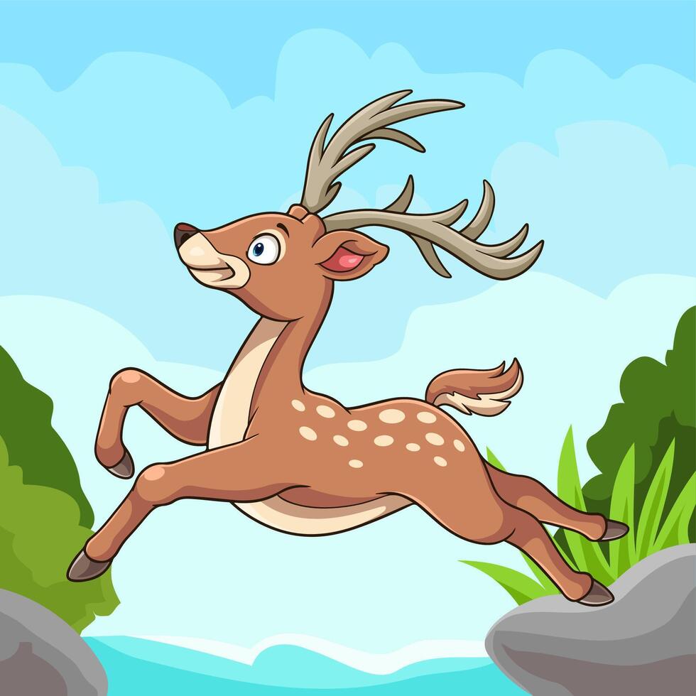 cartoon deer jumping across the river vector