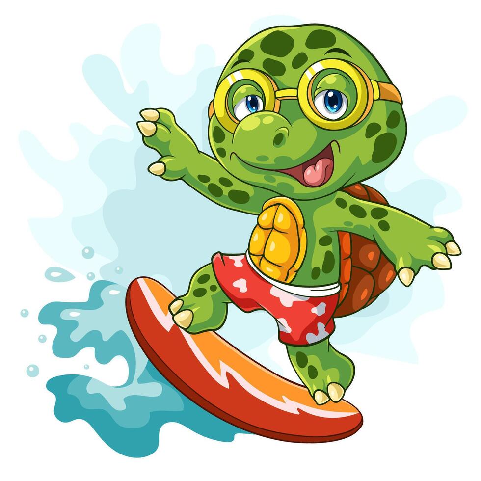 Cartoon turtle surfing in the sea. vector