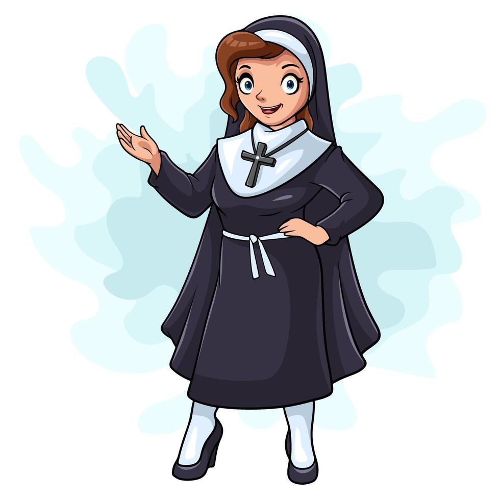 Cartoon happy beautiful nun waving hand vector
