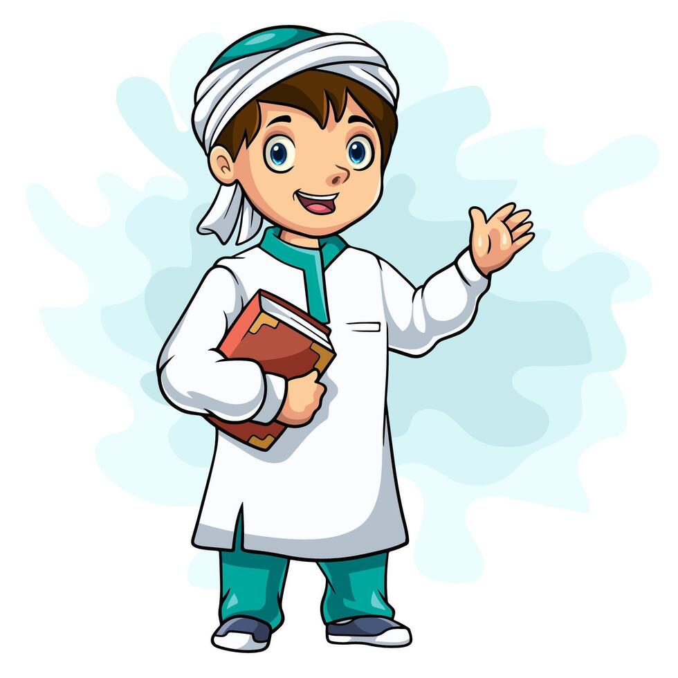 Cartoon Muslim child holding Al Quran vector