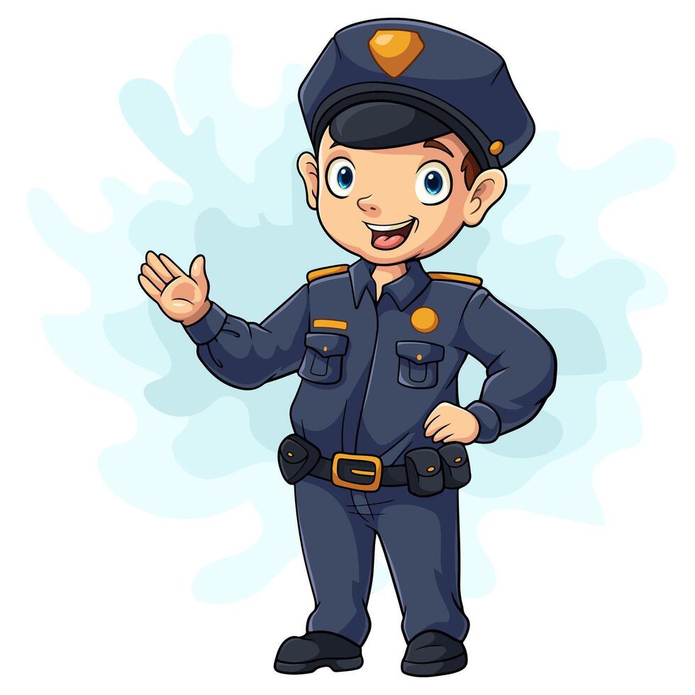 Cartoon smiling policeman waving hand vector