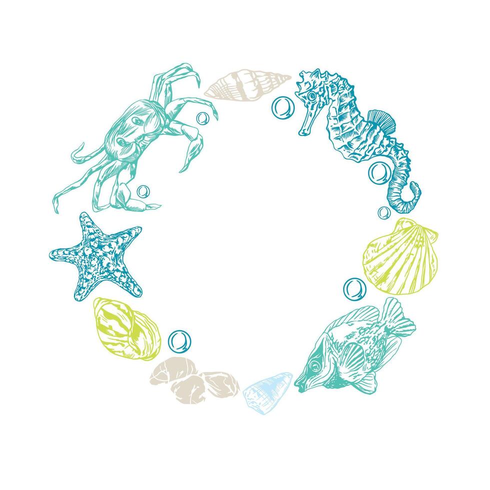 Marine frame, wreath. Seahorse, crab, fish, starfish, shells. Vector illustration with a blue spot on the background. Design element for cards, covers, posters, banners, packaging, labels.