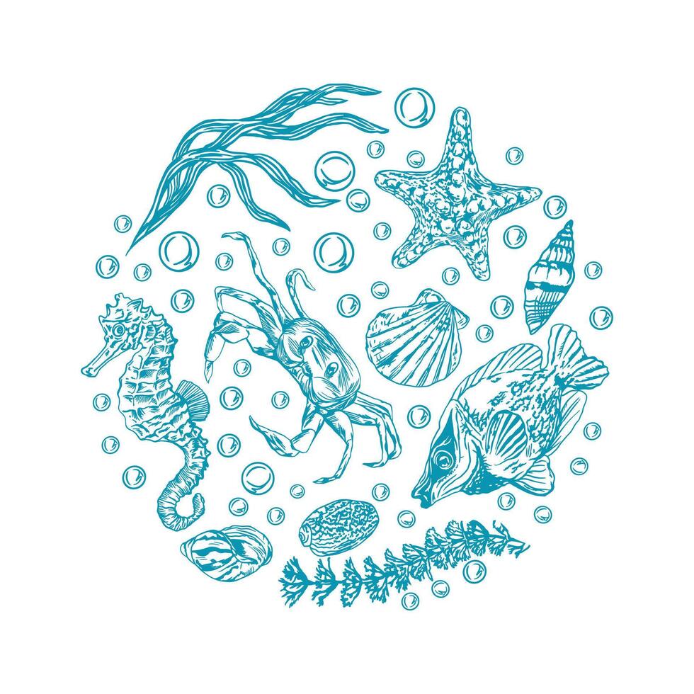 Sea animals, circle. Graphic arts. Crab, fish, shells, starfish, algae, sea horse. Vector illustration. Design element for cards, covers, nautical posters, banners, packaging, labels, invitations.