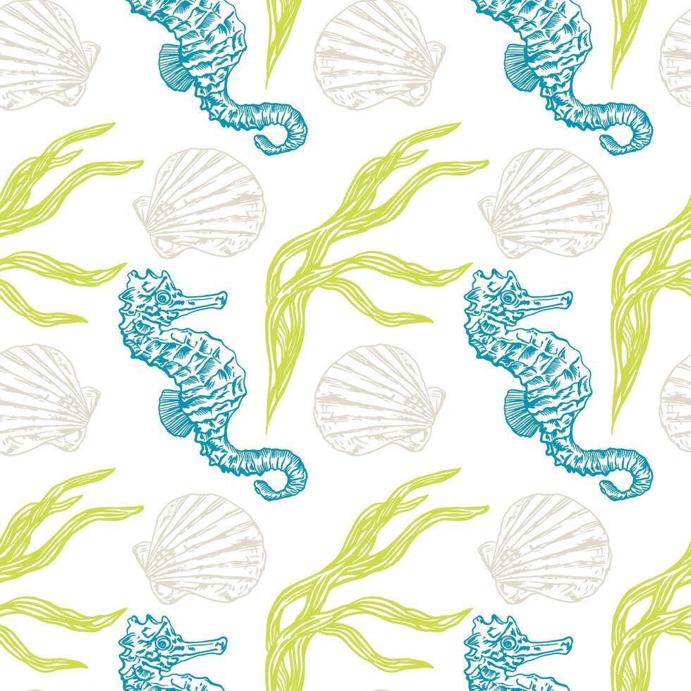 Marine pattern, seamless. Graphic arts. Sea horse, shell, algae. Vector illustration. Design element for cards, covers, nautical posters, banners, packaging, textiles, wallpaper.
