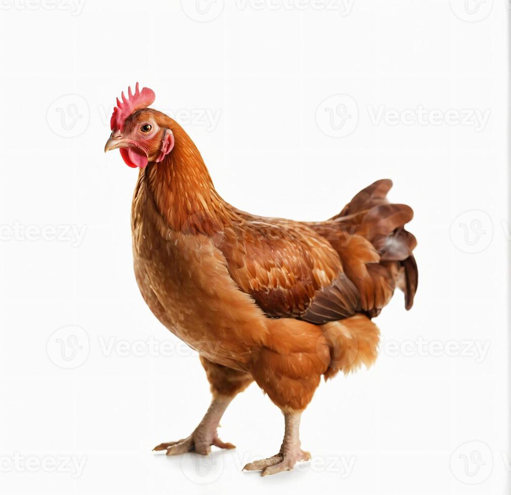 ai generado lleno cuerpo de marrón pollo gallina en pie aislado blanco antecedentes foto
