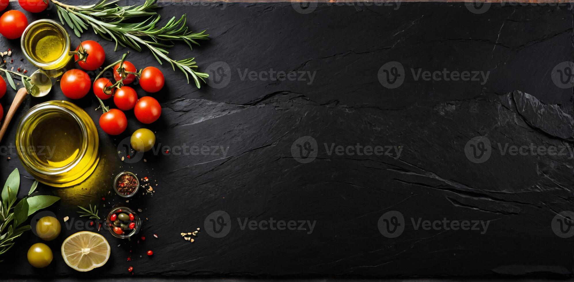 AI generated Food background. Top view of olive oil, cherry tomato, herbs and spices on rustic black slate. Colorful food ingredients border photo