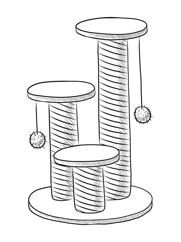 BLACK AND WHITE VECTOR DRAWING OF A THREE-LEVEL SCRATCHING POST