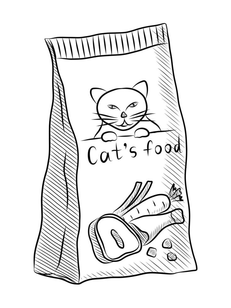BLACK AND WHITE VECTOR DRAWING OF A PACK OF DRY CAT FOOD