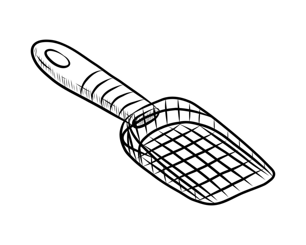 BLACK AND WHITE VECTOR DRAWING OF A DUSTPAN FOR CLEANING A TOILET TRAY FOR PETS