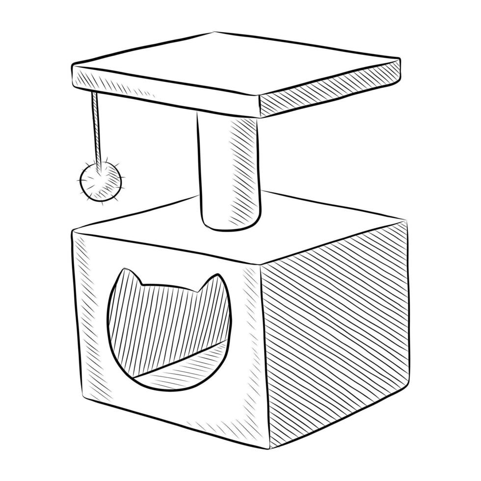 BLACK AND WHITE VECTOR DRAWING OF A HOUSE FOR A CAT WITH A SCRATCHING POST