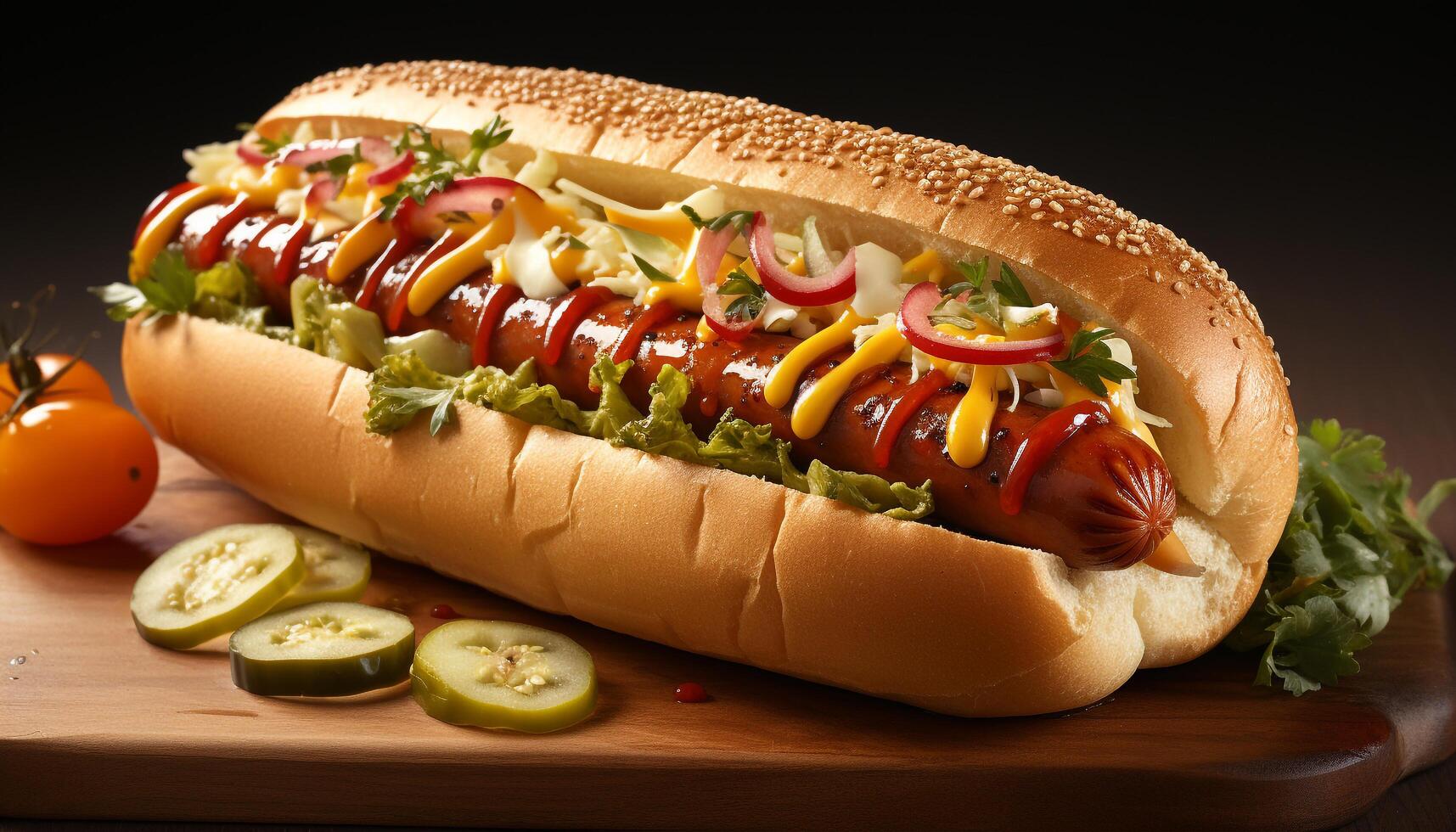 AI generated Grilled beef sandwich, hot dog, and fresh vegetable salad generated by AI photo
