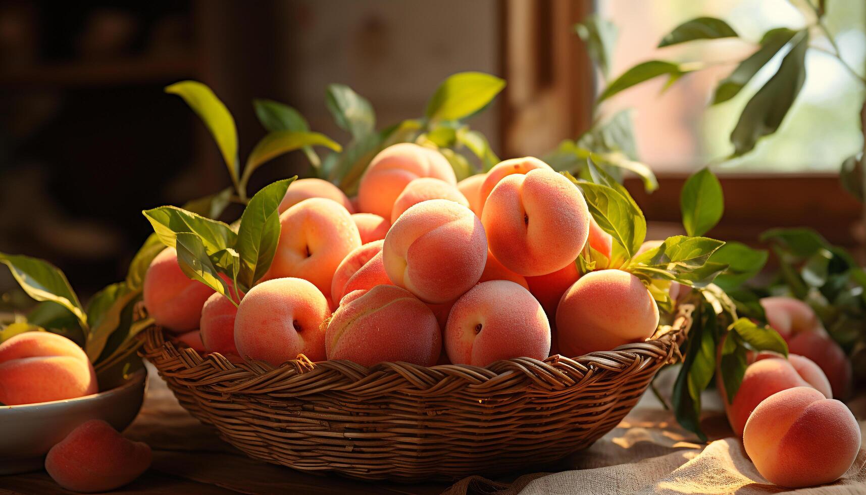 AI generated Freshness of ripe peaches, nature sweet food on wooden table generated by AI photo