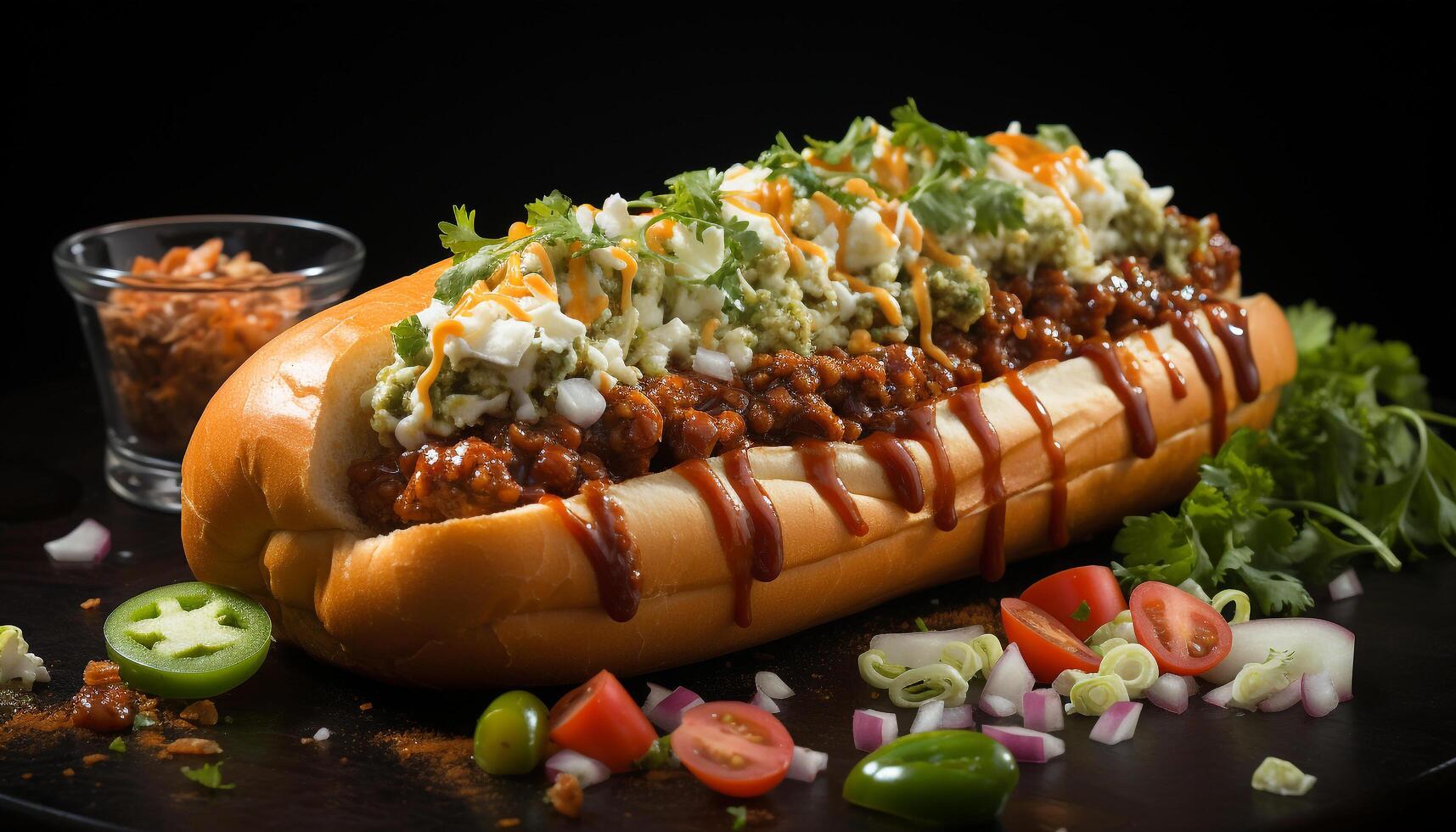 AI generated Grilled beef on bun, fresh salad, homemade ketchup generated by AI photo