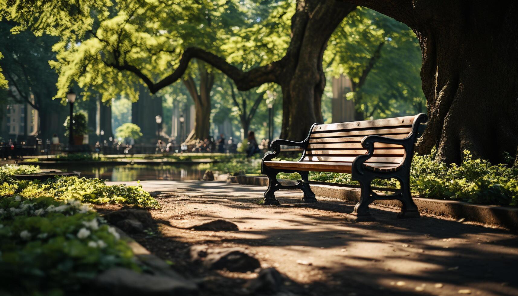 ai generado un tranquilo escena en un formal jardín, sentado en un banco generado por ai foto