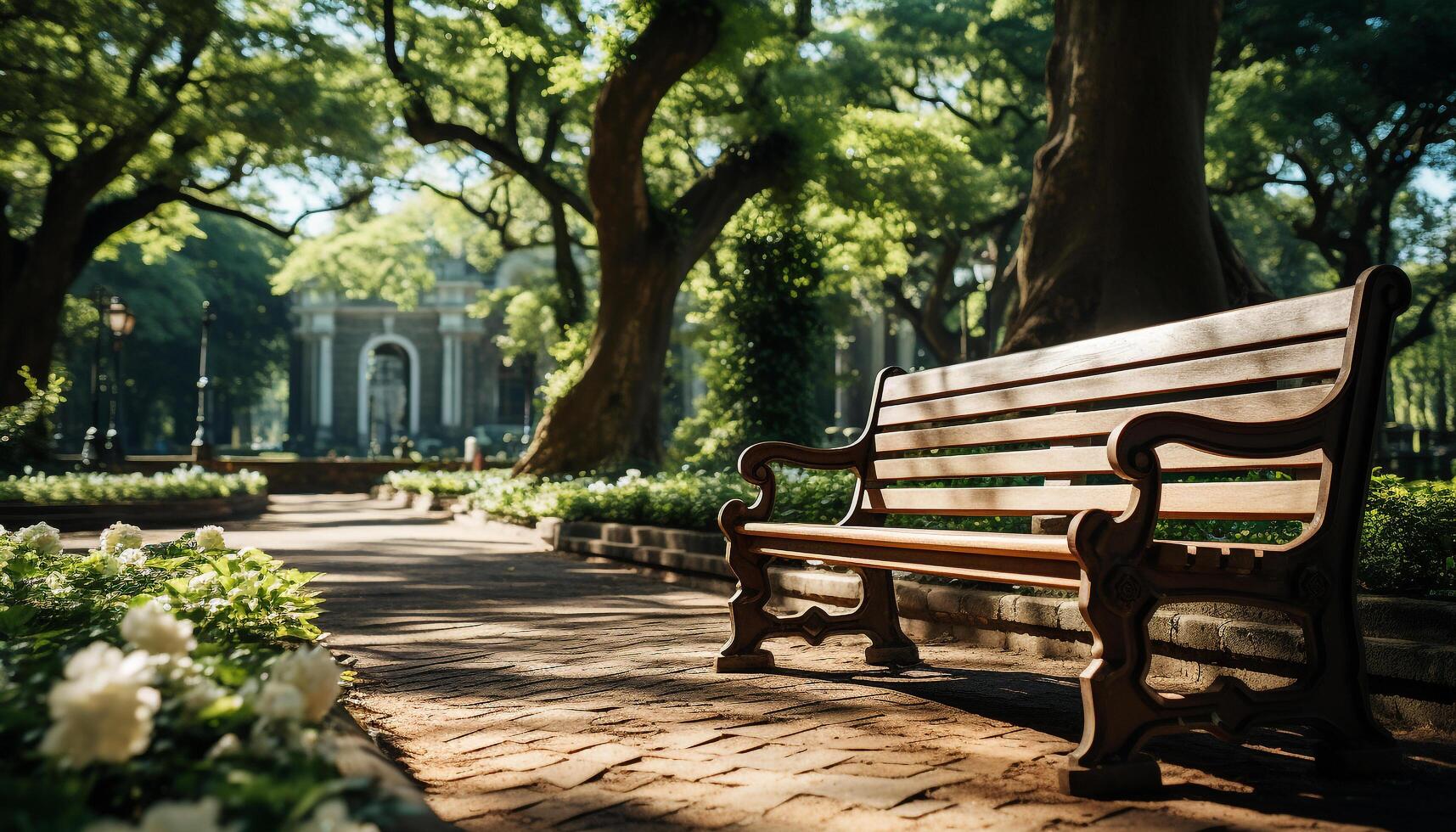 AI generated A tranquil scene old bench under tree, nature relaxation generated by AI photo