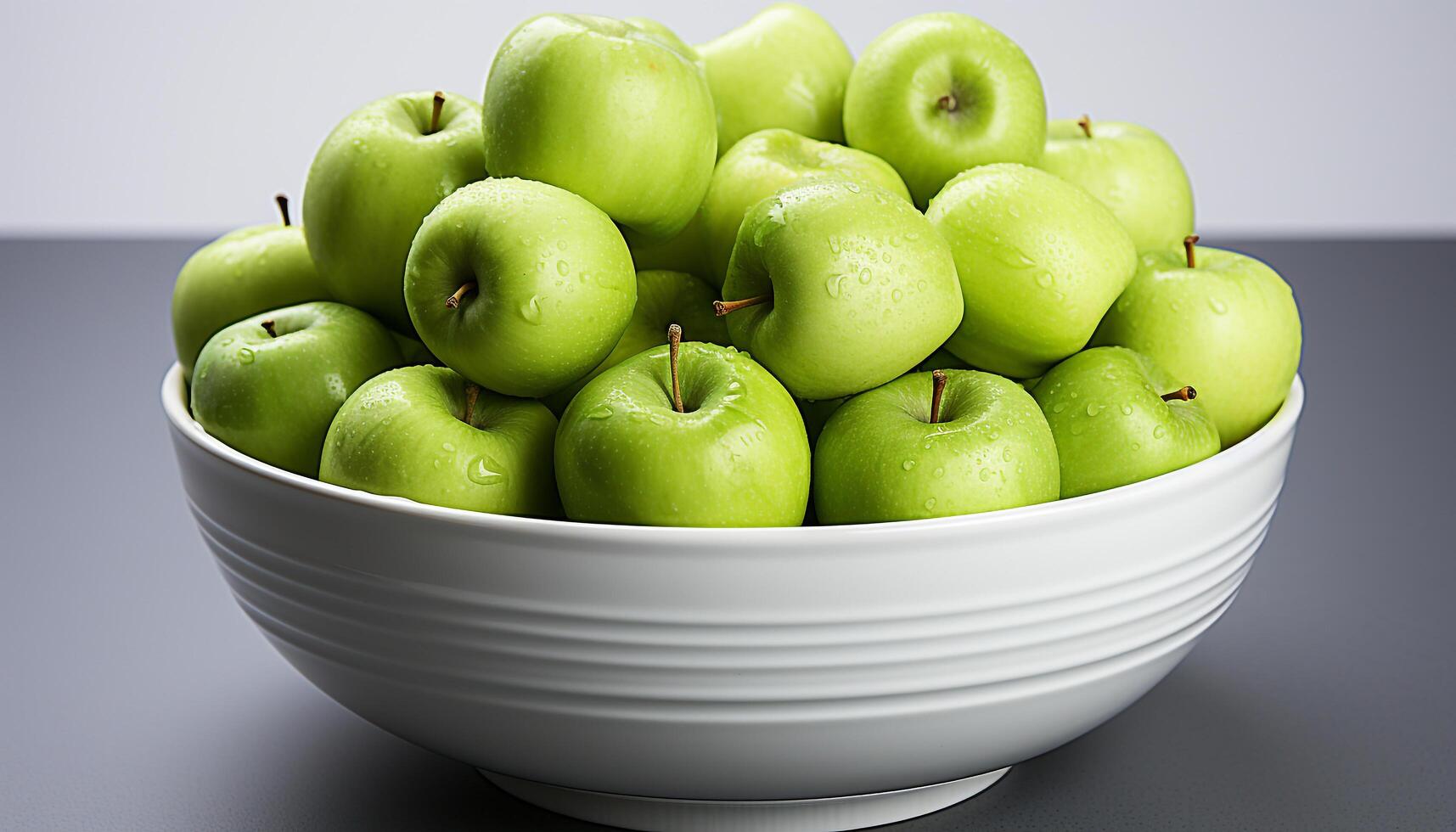 AI generated Freshness and nature in a bowl of healthy green apples generated by AI photo