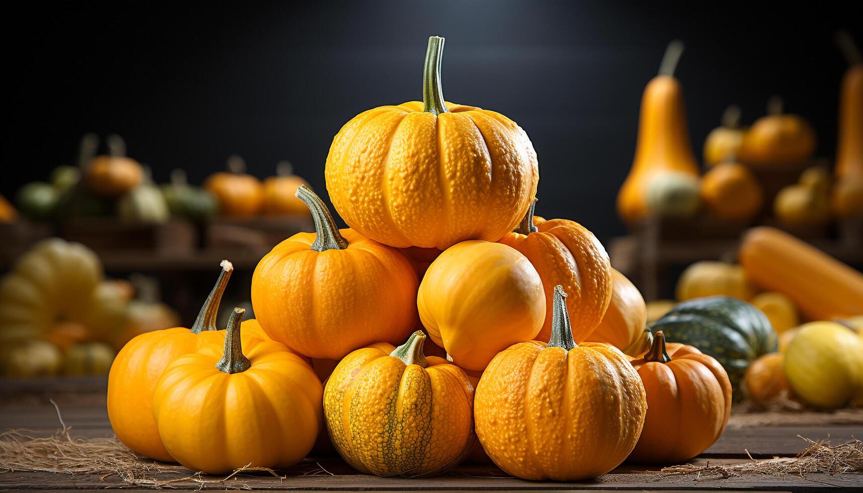 AI generated Autumn celebration pumpkin lanterns adorn rustic wooden table generated by AI photo