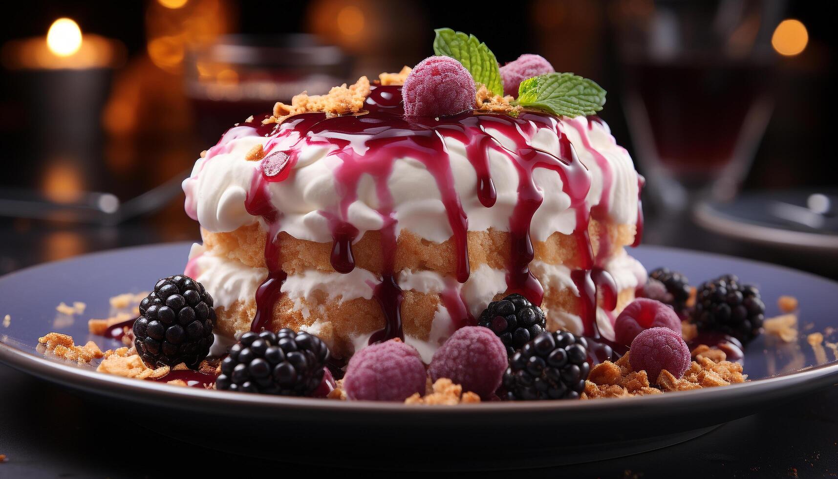 AI generated Homemade gourmet dessert fresh berry slice with chocolate sauce generated by AI photo