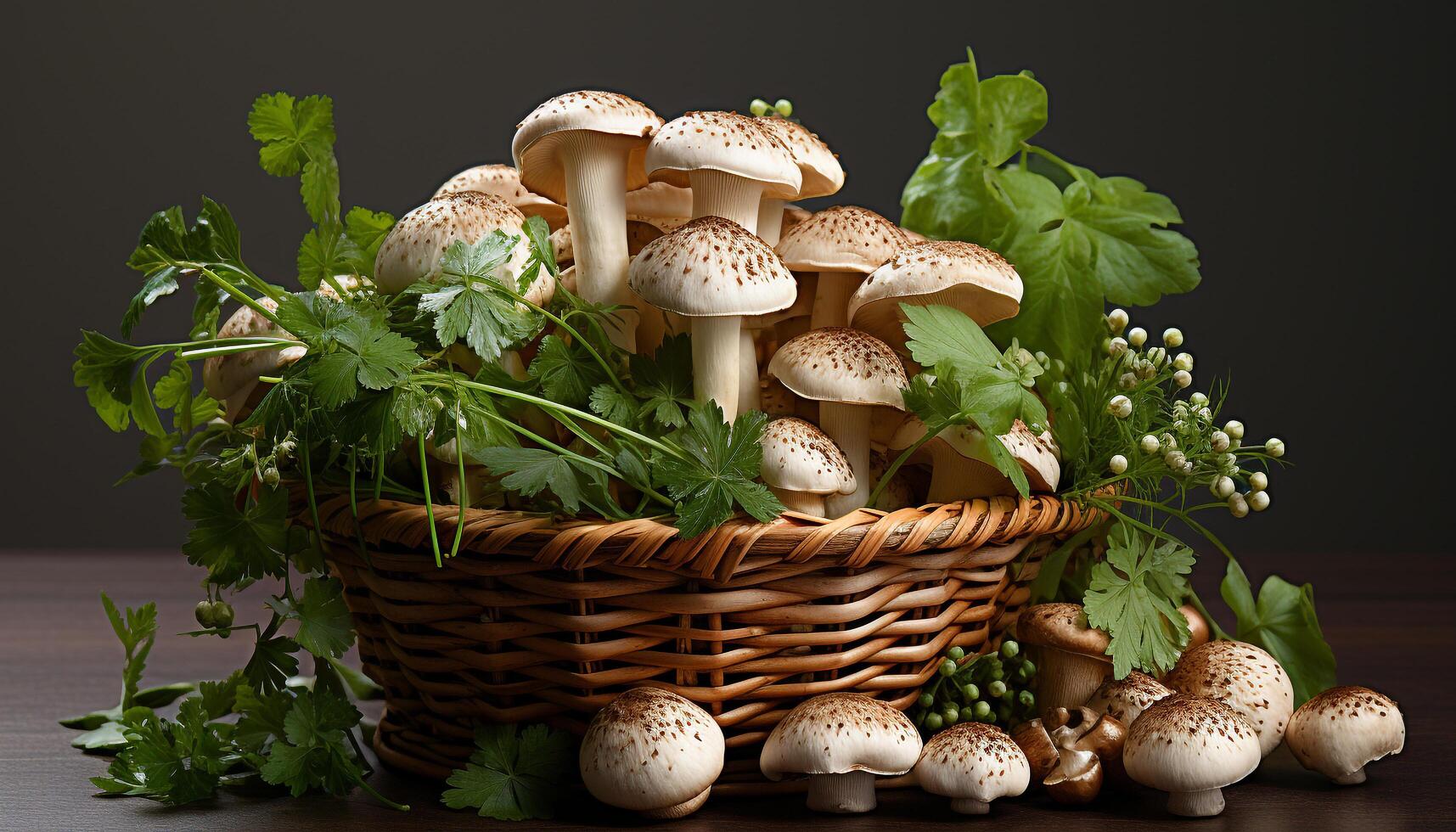 AI generated Freshness and beauty in nature edible mushrooms in autumn forest generated by AI photo