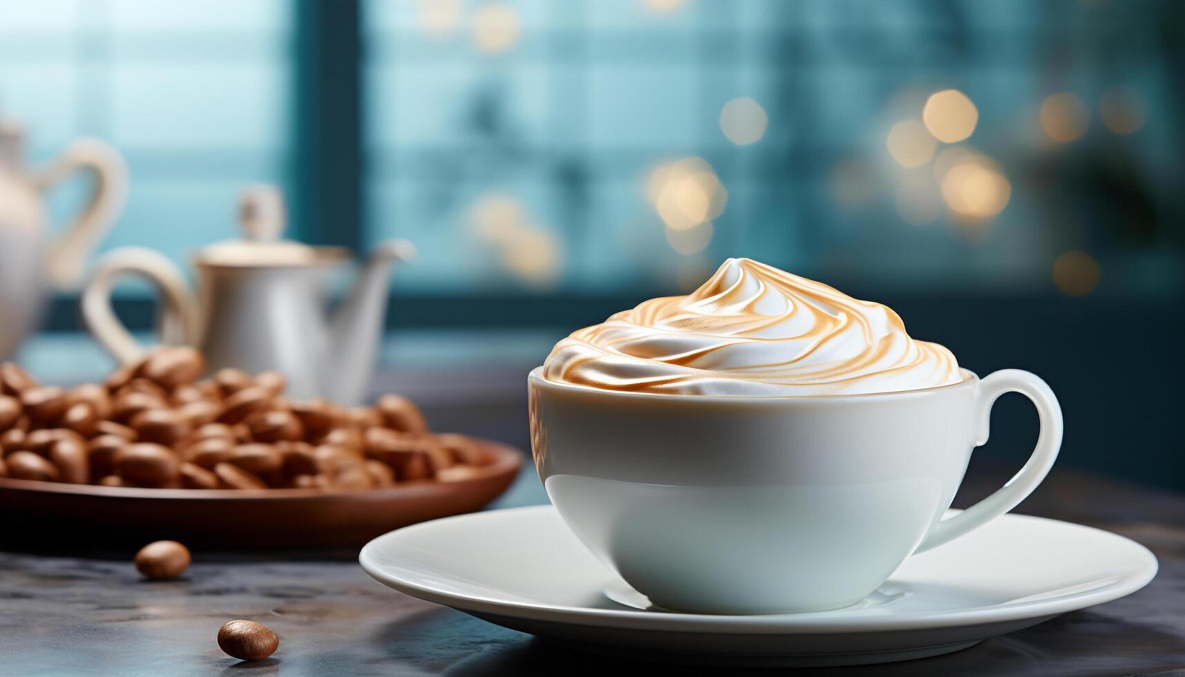 AI generated Hot drink on wooden table coffee, chocolate, milk, foam generated by AI photo