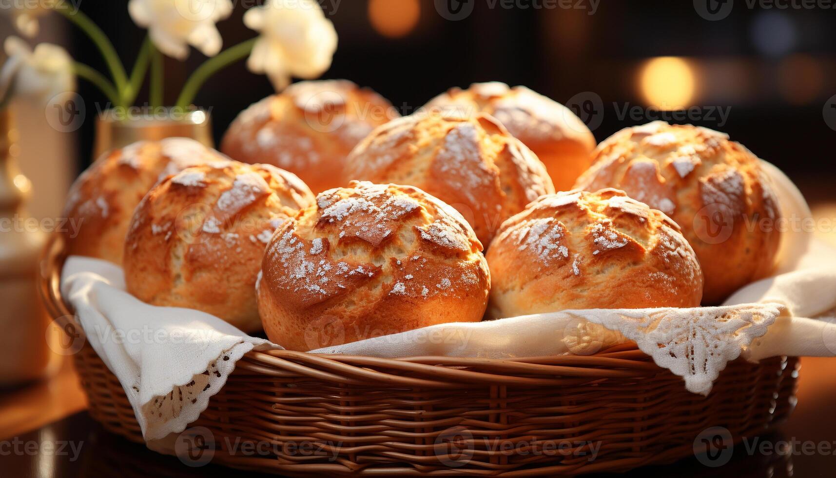 AI generated Freshly baked homemade bread and sweet pastries on wooden table generated by AI photo