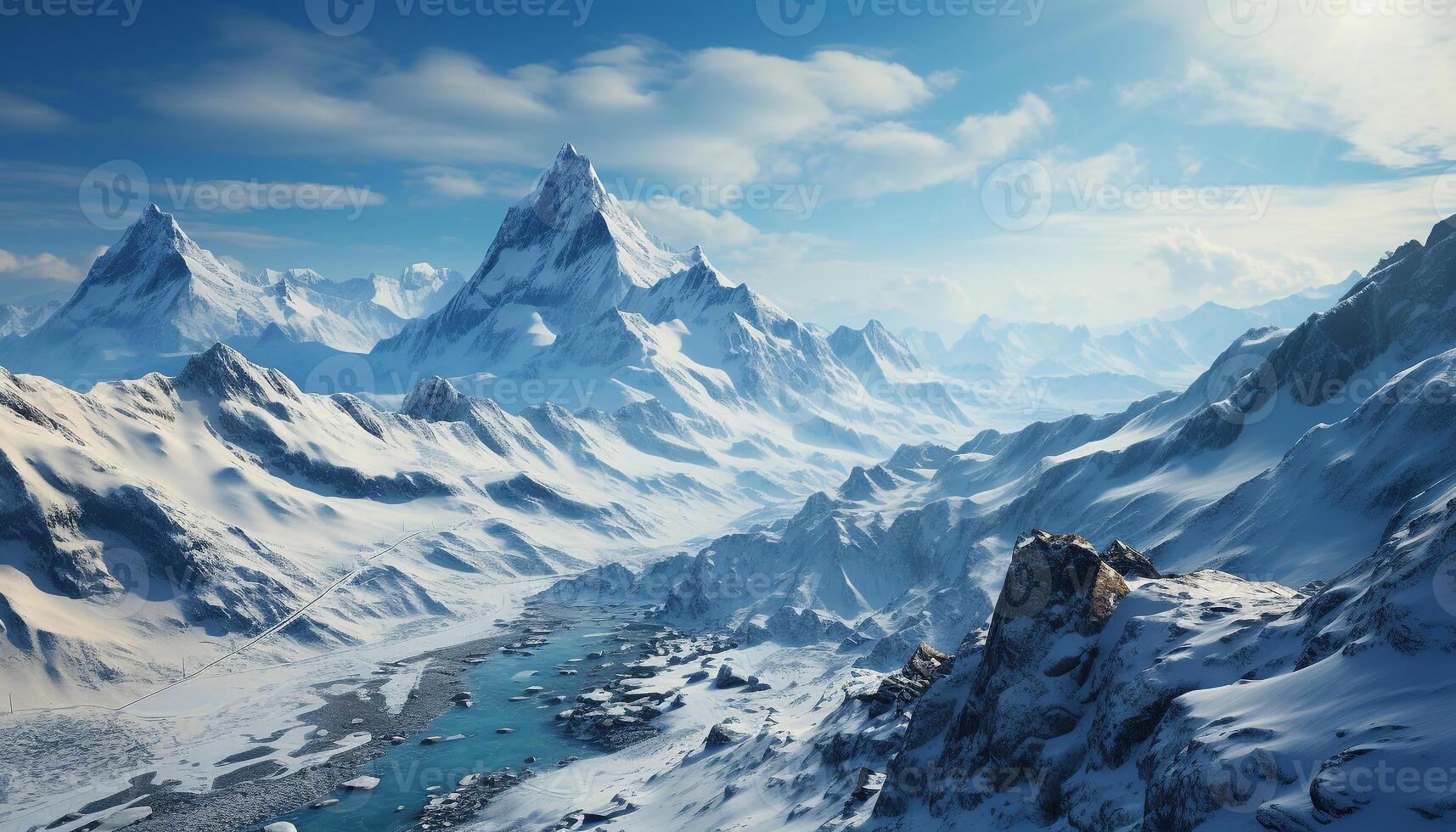 AI generated Majestic mountain peak, tranquil scene, frozen beauty in nature generated by AI photo