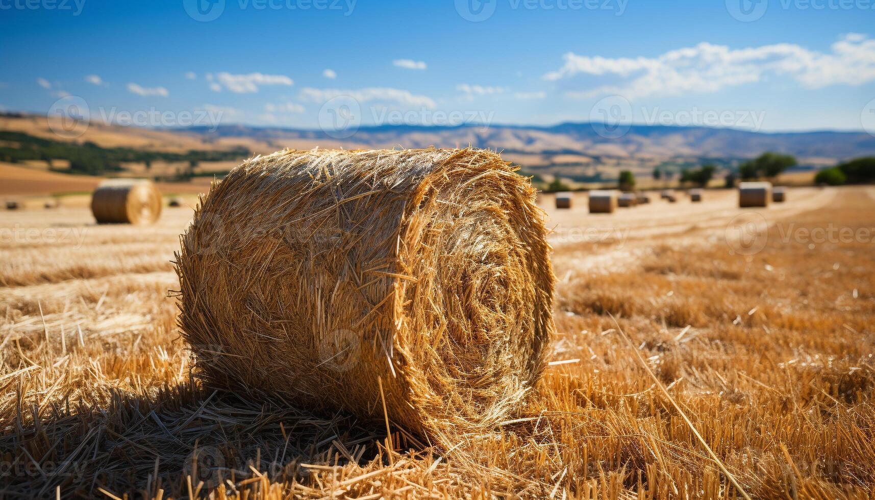 AI generated Agriculture beauty in nature rolled up hay bales in meadow generated by AI photo
